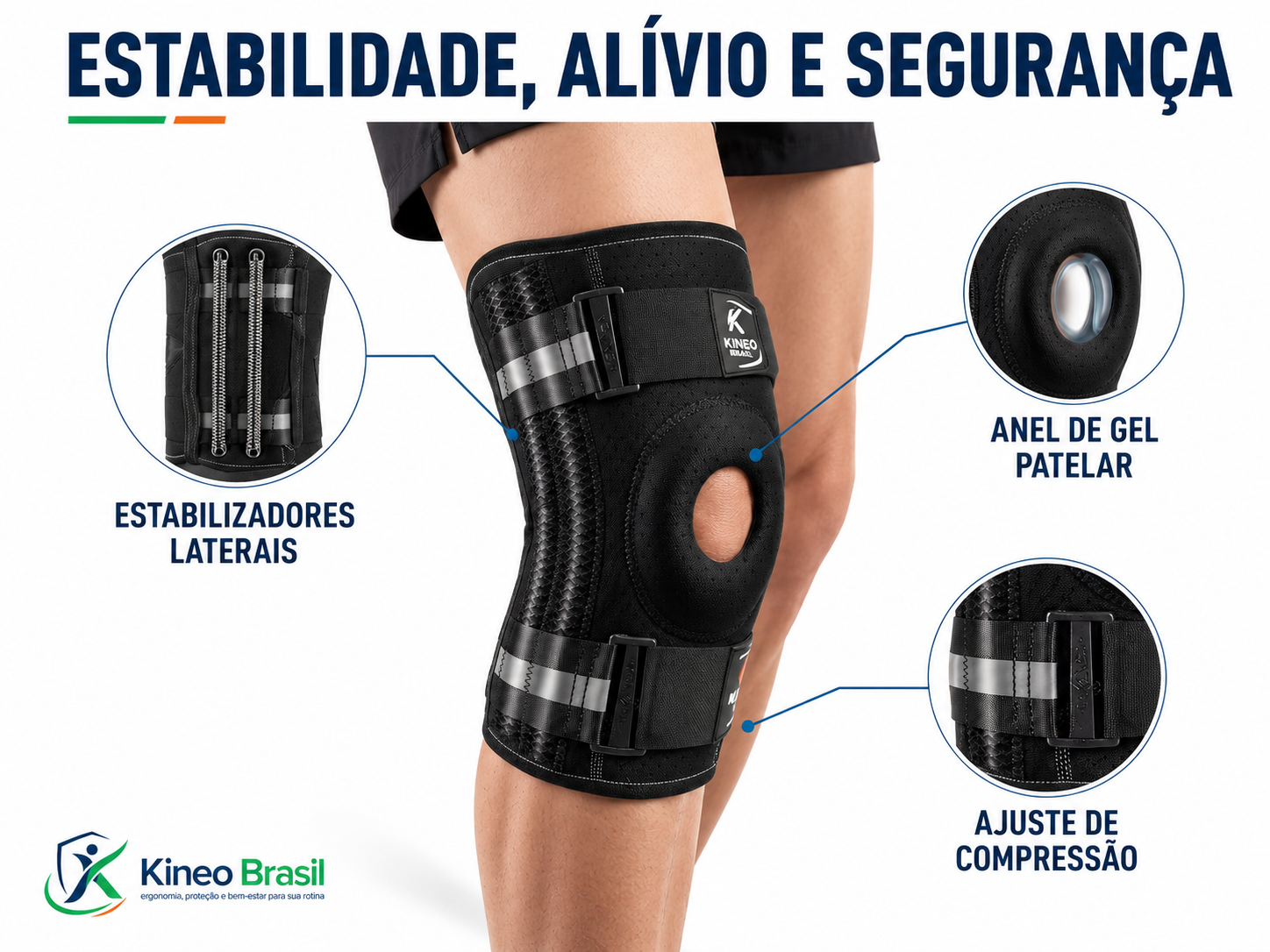 Joelheira Kineo Performance com estabilizadores laterais, anel de gel patelar e ajuste de compress&atilde;o